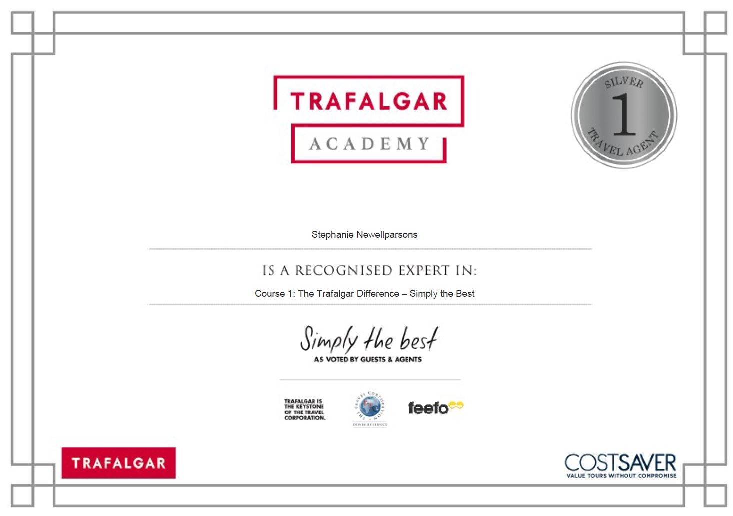 Trafalgar Silver 1 Certificate