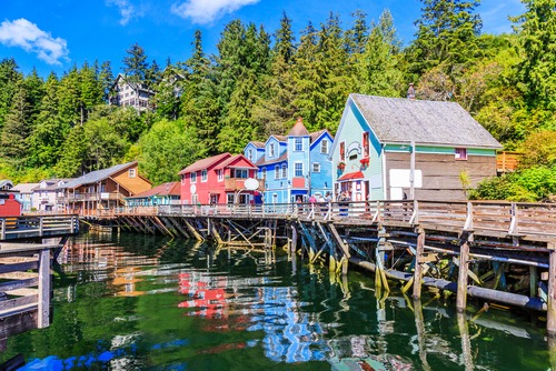 Colorful Creek Street boardwalk in Ketchikan Alaska built on stilts